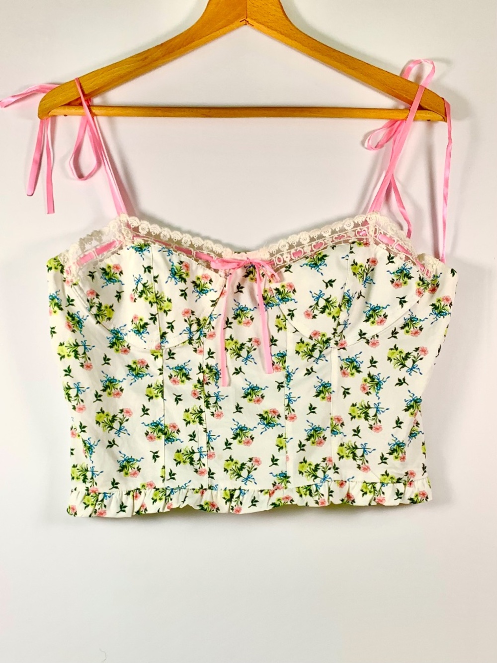 Cider Coquette Floral Corset bustier crop top pink green lace ribbon sleeveless
